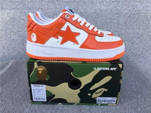 A Bathing Ape BAPE Bapesta Patent Leather Sneakers Orange and White