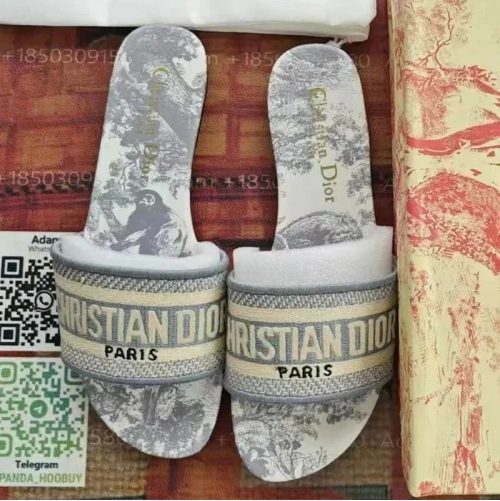 Dior Dway Slide Embroidered Canvas Sandals Gray and Beige