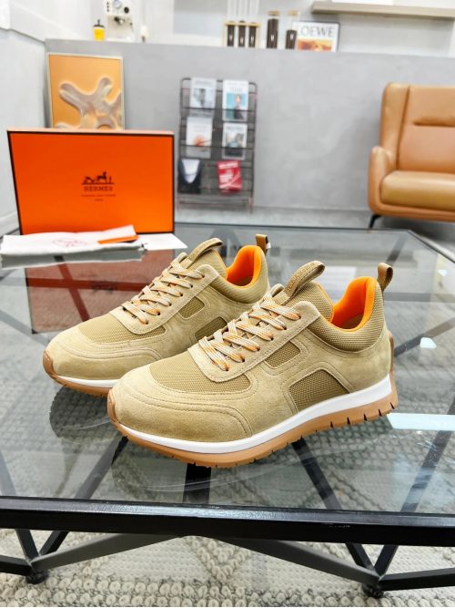 Hermes Bouncing Chunky Sneakers Suede and Mesh Beige and Orange