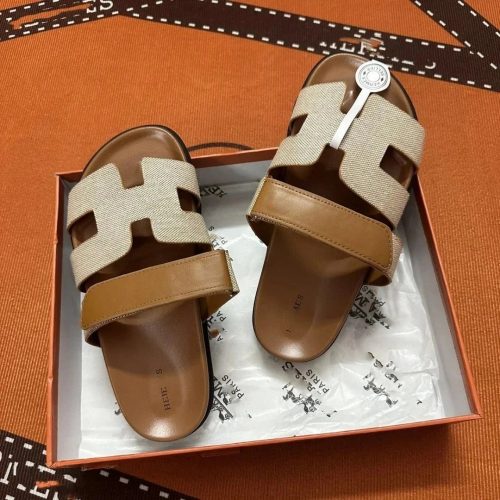 Hermes Chypre Casual Canvas and Leather Sandals Beige and Brown