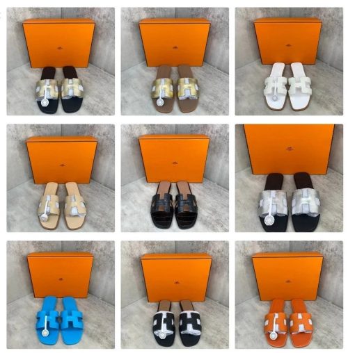 Hermes Oran Iconic Leather Slides Multicolor