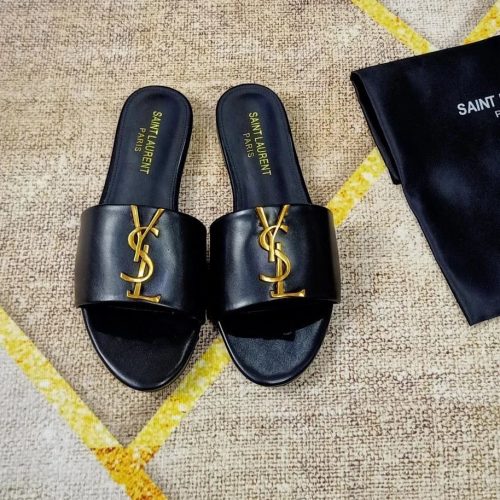 Saint Laurent YSL Tribute Nu Pieds Leather Slides Black