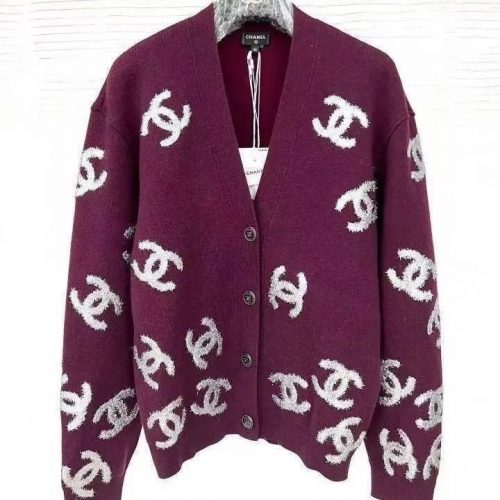 Chanel CC Monogram Knit Cardigan Sweater Purple