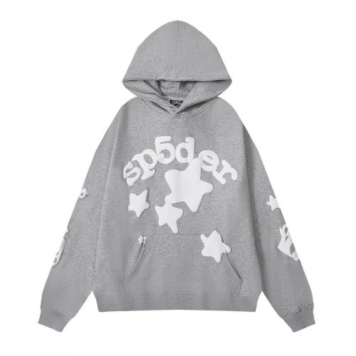 Sp5der Star Hoodie Oversized Streetwear Sweatshirt Gray