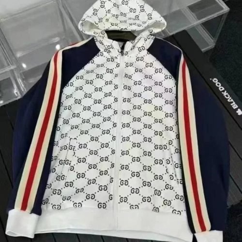 Gucci GG Monogram Zip-Up Hoodie Striped Sleeve Sweatshirt White and Navy