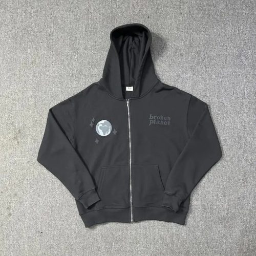 Broken Planet Zip-Up Hoodie Oversized Streetwear Sweatshirt Black