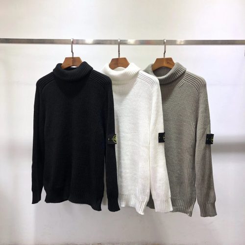 Stone Island Ribbed Turtleneck Knit Sweater Black White and Gray