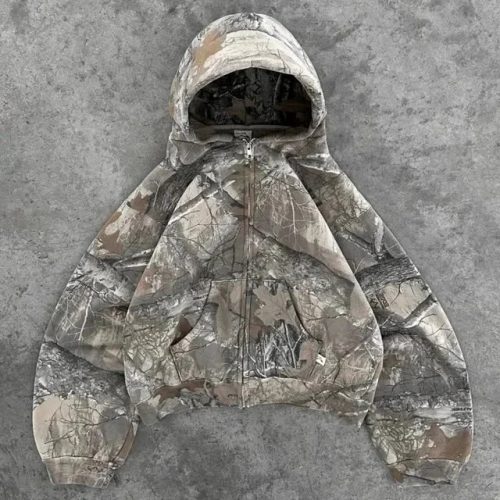 Design Camo Print Zip-Up Hoodie Brown