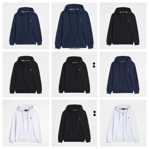 Ralph Lauren RL Zip-Up Hoodie Casual Cotton Sweatshirt Black White and Navy