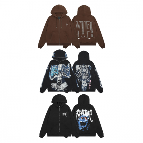 Revenge Skeleton Zip Hoodie Casual Streetwear Hoodie Brown Black
