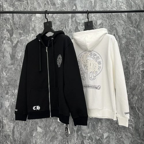 Chrome Hearts CH Graphic Print Zip-Up Hoodie Black and White
