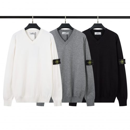 Stone Island V-Neck Knit Sweater Casual Pullover White Gray and Black