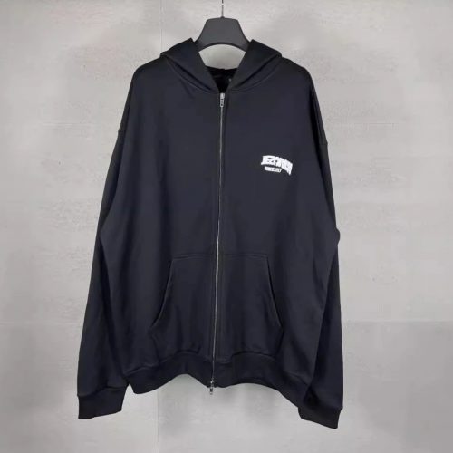 Design Graphic Print Zip-Up Hoodie Black