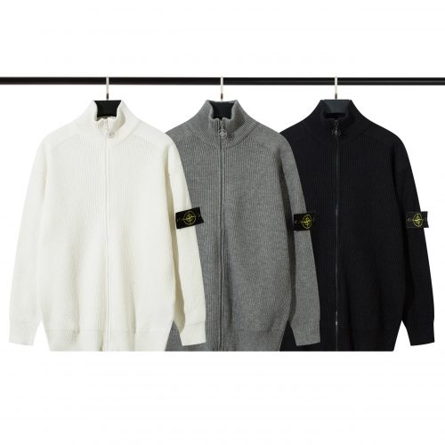 Stone Island Ribbed Knit Zip-Up Cardigan Casual Sweater White Gray and Black