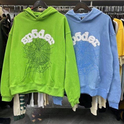 Sp5der Web Graphic Oversized Hoodie Green and Blue