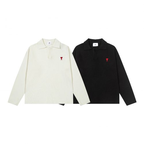 Ami Paris Ami Ami de Coeur Knit Polo Sweater Black and White