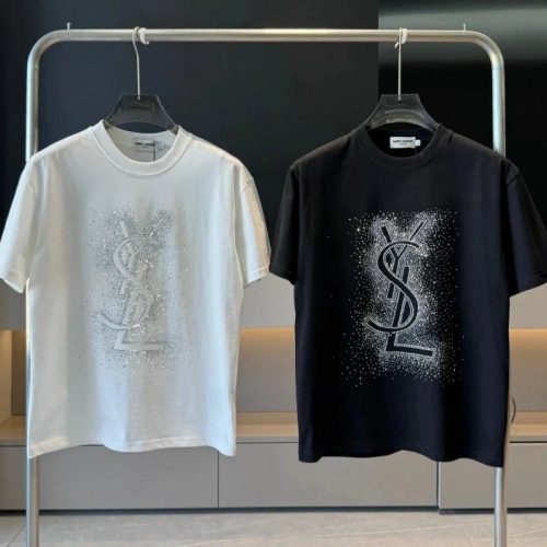 Saint Laurent YSL Crystal Embellished Graphic Tee Cotton T-Shirt Black and White
