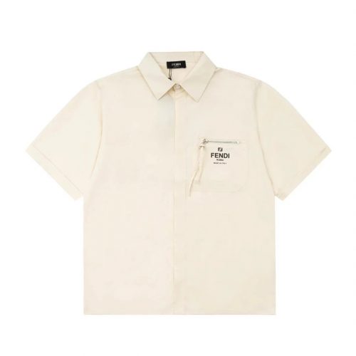 Fendi Zip Pocket Short Sleeve Button-Down Shirt Beige