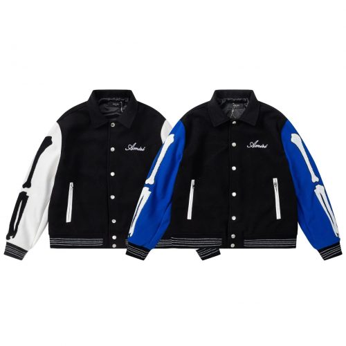 Amiri Skeleton Varsity Jacket Streetwear Wool Bomber Jacket Black and Blue