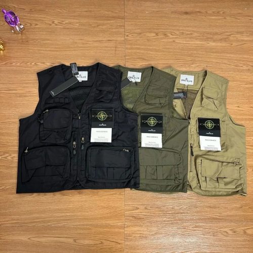 Stone Island Raso Gommato Utility Vest Multi-Pocket Gilet Black Green and Beige