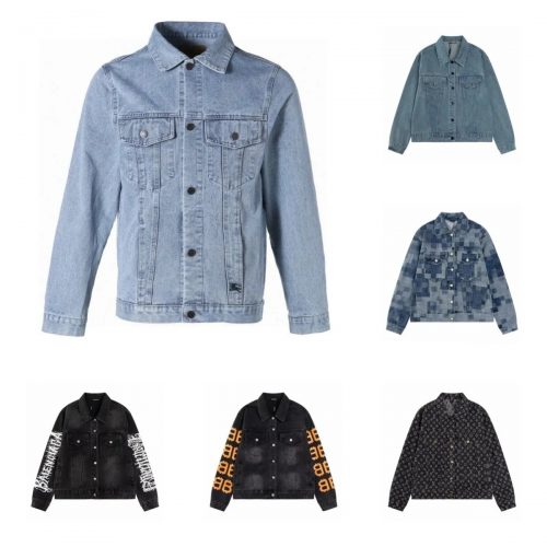Balenciaga Denim Jacket with Sleeve Logo Print Casual Jacket Black and Blue