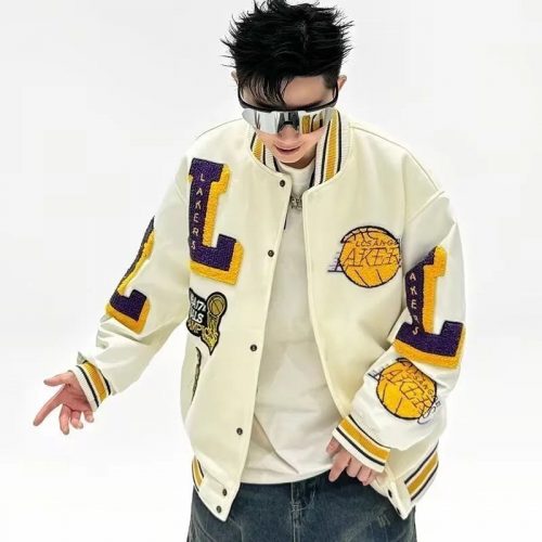 NBA Los Angeles Lakers Varsity Jacket Streetwear Bomber Jacket White