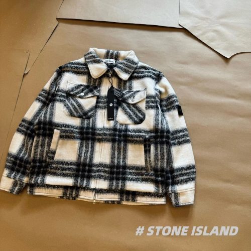 Stone Island Check Wool Blend Zip-Up Jacket Plaid Pattern White and Black