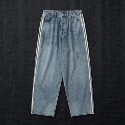 Design Side Stripe Wide Leg Jeans Casual Denim Pants Blue