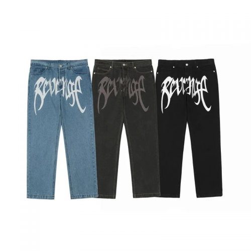 Revenge Graphic Print Denim Jeans Streetwear Pants Multicolor
