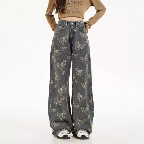Design Butterfly Print Wide Leg Jeans Denim Pants Gray