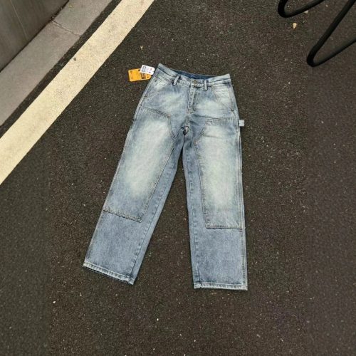 Design Double Knee Denim Wide Leg Jeans Blue