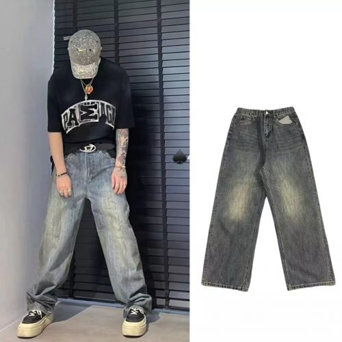 Design Distressed Wide Leg Jeans Vintage Denim Pants Gray