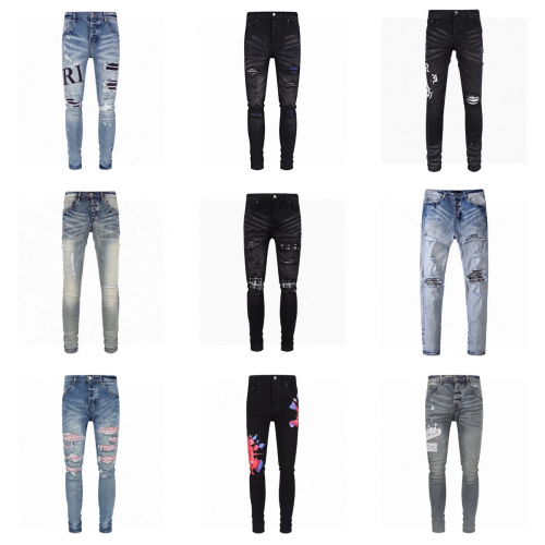 Amiri Distressed Skinny Jeans Ripped Denim Pants Blue and Black