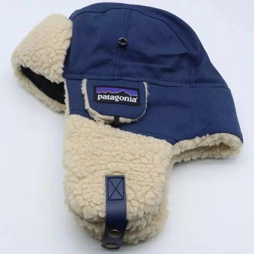 Patagonia Retro Pile Earflap Cap Winter Beanie Blue and Beige