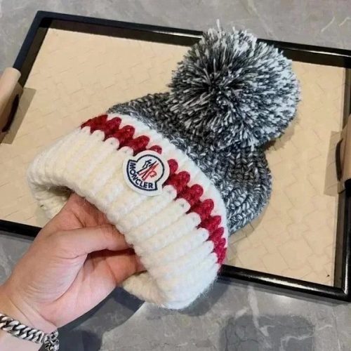 Moncler Pom-Pom Beanie Knit Hat White and Gray