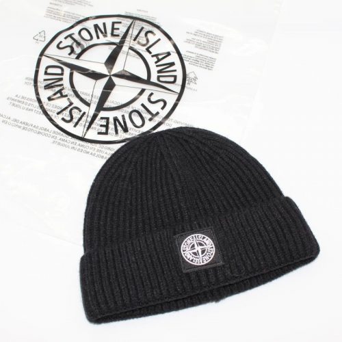 Stone Island Ribbed Wool Beanie Hat Black