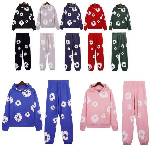 Denim Tears Floral Print Hoodie and Sweatpants Set Casual Tracksuit Multicolor