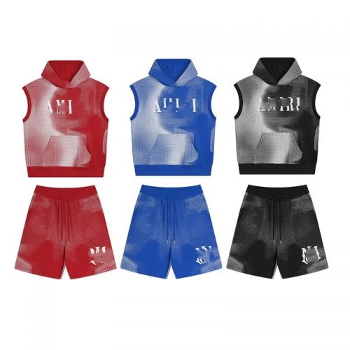 Amiri Gradient Mesh Sleeveless Hoodie and Shorts Matching Set Multicolor