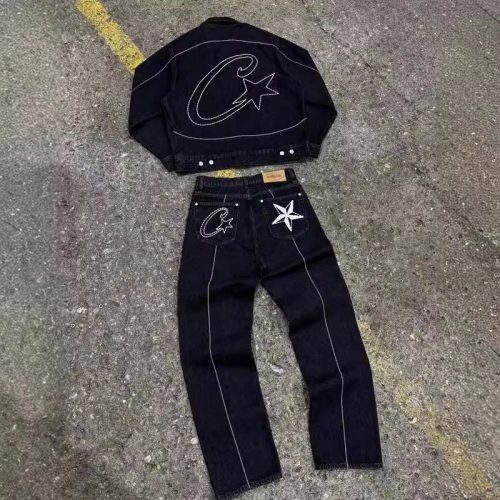 Corteiz Star Denim Set Streetwear Matching Set Black
