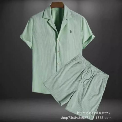 Ralph Lauren RL Striped Short Sleeve Shirt and Shorts Set Casual Light Green