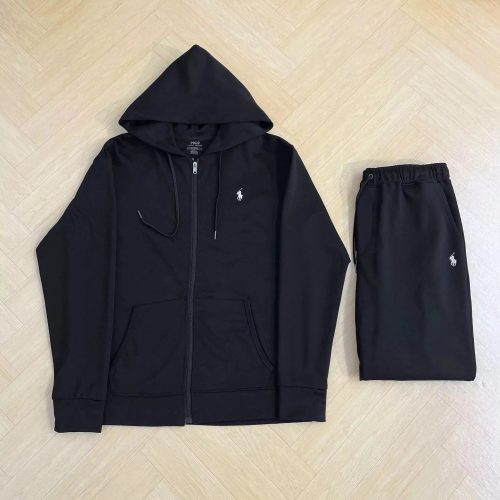 Polo Ralph Lauren PRL Zip-Up Hoodie and Joggers Casual Tracksuit Set Black