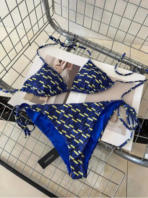 Versace La Greca Print Iconic Bikini Set Blue and Yellow