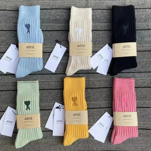 Ami Paris Ami Heart Embroidery Ribbed Cotton Socks Multicolor