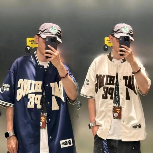 A Bathing Ape BAPE Baseball Jersey Oversized Streetwear Shirt Blue and White