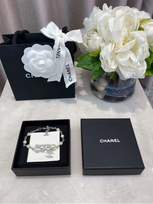 Chanel Pearl and Crystal CC Elegant Bracelet Silver and White
