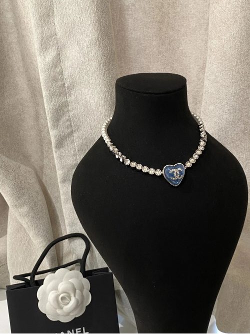 Chanel Heart Pendant Crystal Pearl Necklace Blue