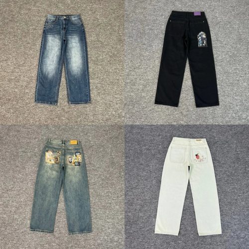 Schott Patchwork Denim Jeans Casual Pants Blue and Black