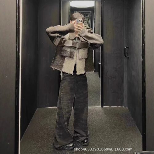 Design Patchwork Raw Edge Oversized Jacket Brown and Gray