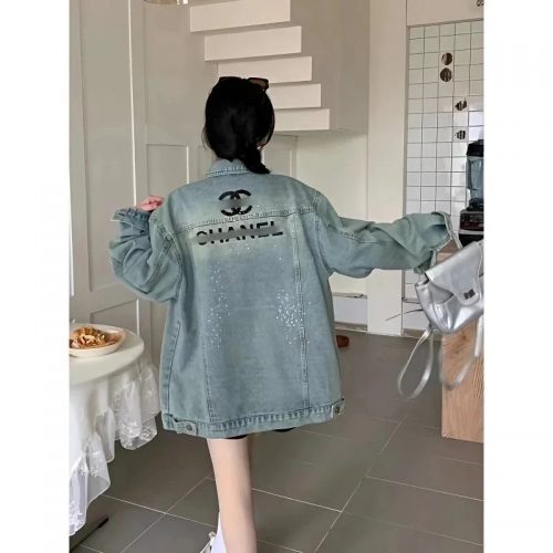 Chanel Denim Jacket with Logo Print Casual Jacket Light Blue