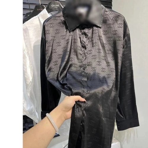 Chanel Monogram Silk Shirt Casual Shirt Black